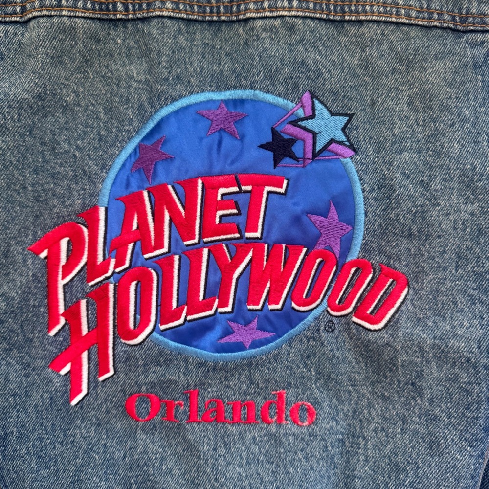 Planet Hollywood Orlando Denim Trucker Jacket L Distressed Blue Embroidered Back - Picture 5 of 10